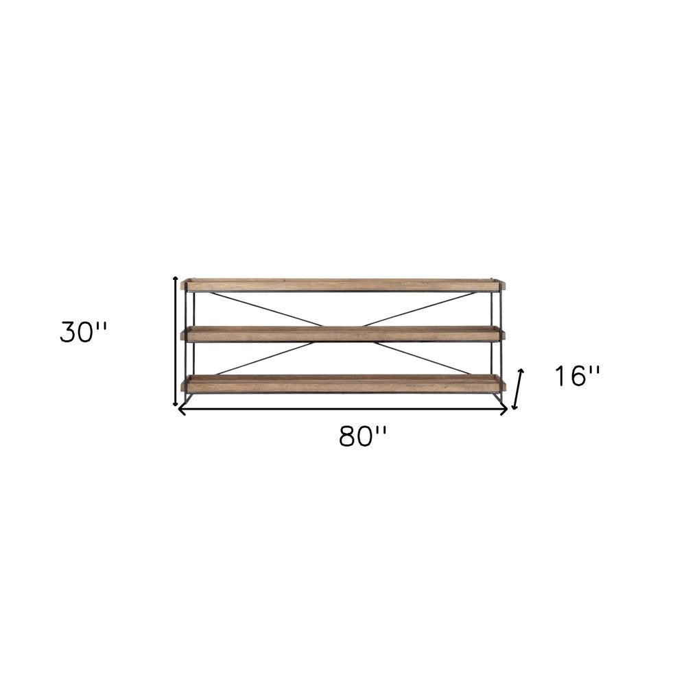 80" Light Brown and Black Solid Wood and Iron Console Table With Two Shelves — view 9
