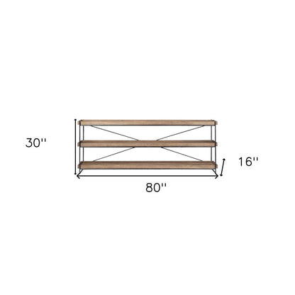 80" Light Brown and Black Solid Wood and Iron Console Table With Two Shelves HomeRoots