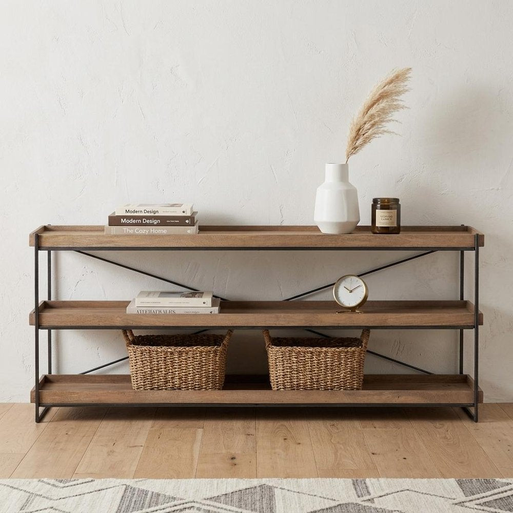 80" Light Brown and Black Solid Wood and Iron Console Table With Two Shelves HomeRoots