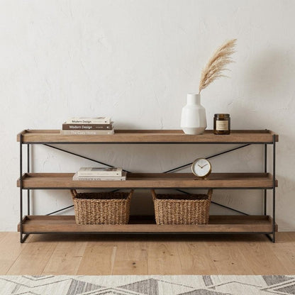 80" Light Brown and Black Solid Wood and Iron Console Table With Two Shelves HomeRoots