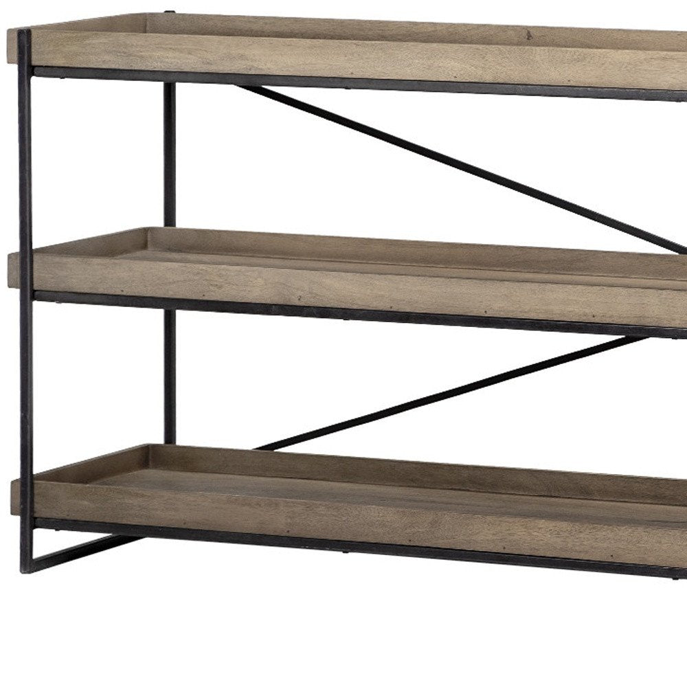 80" Light Brown and Black Solid Wood and Iron Console Table With Two Shelves — view 6