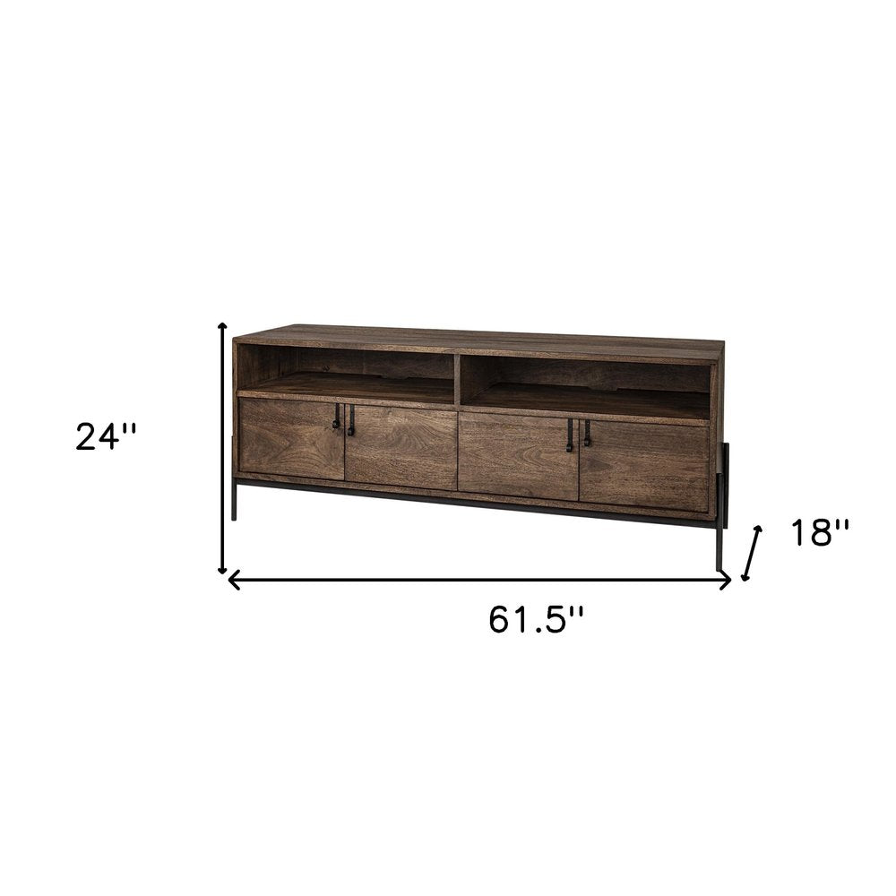 62" Brown and Black Solid Wood Cabinet Enclosed Storage TV Stand HomeRoots