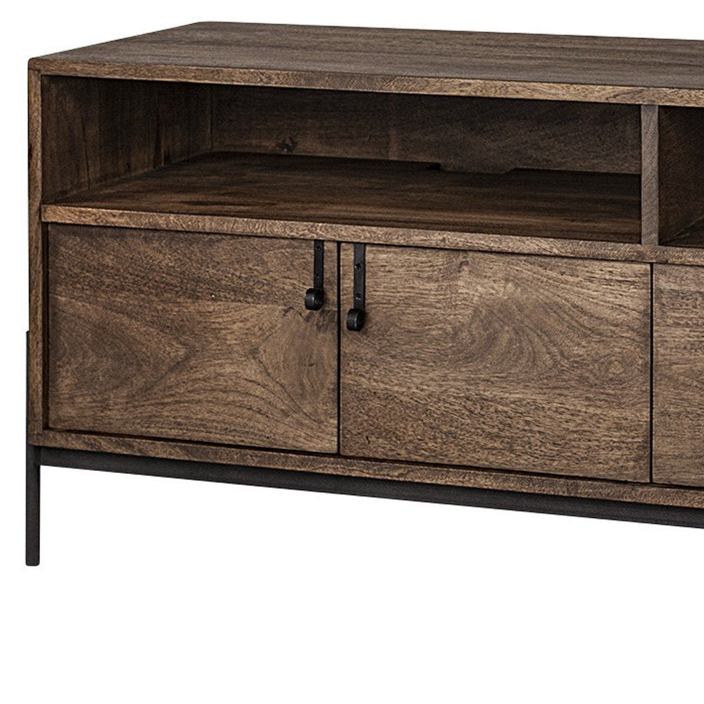 62" Brown and Black Solid Wood Cabinet Enclosed Storage TV Stand HomeRoots