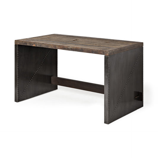 Dark Brown Solid Reclaimed Wood Office Desk With Metal Cladded Frame - FurniFindUSA