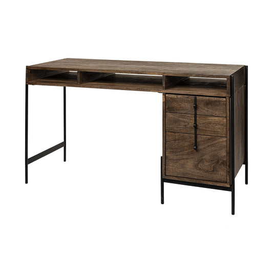56" Medium Brown Wooden Writing Desk With 3 Drawers And 3 Open Shelves HomeRoots