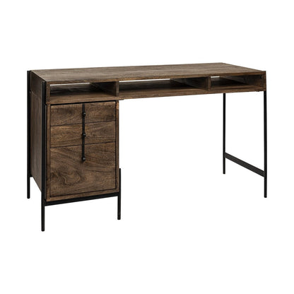 56" Medium Brown Wooden Writing Desk With 3 Drawers And 3 Open Shelves HomeRoots