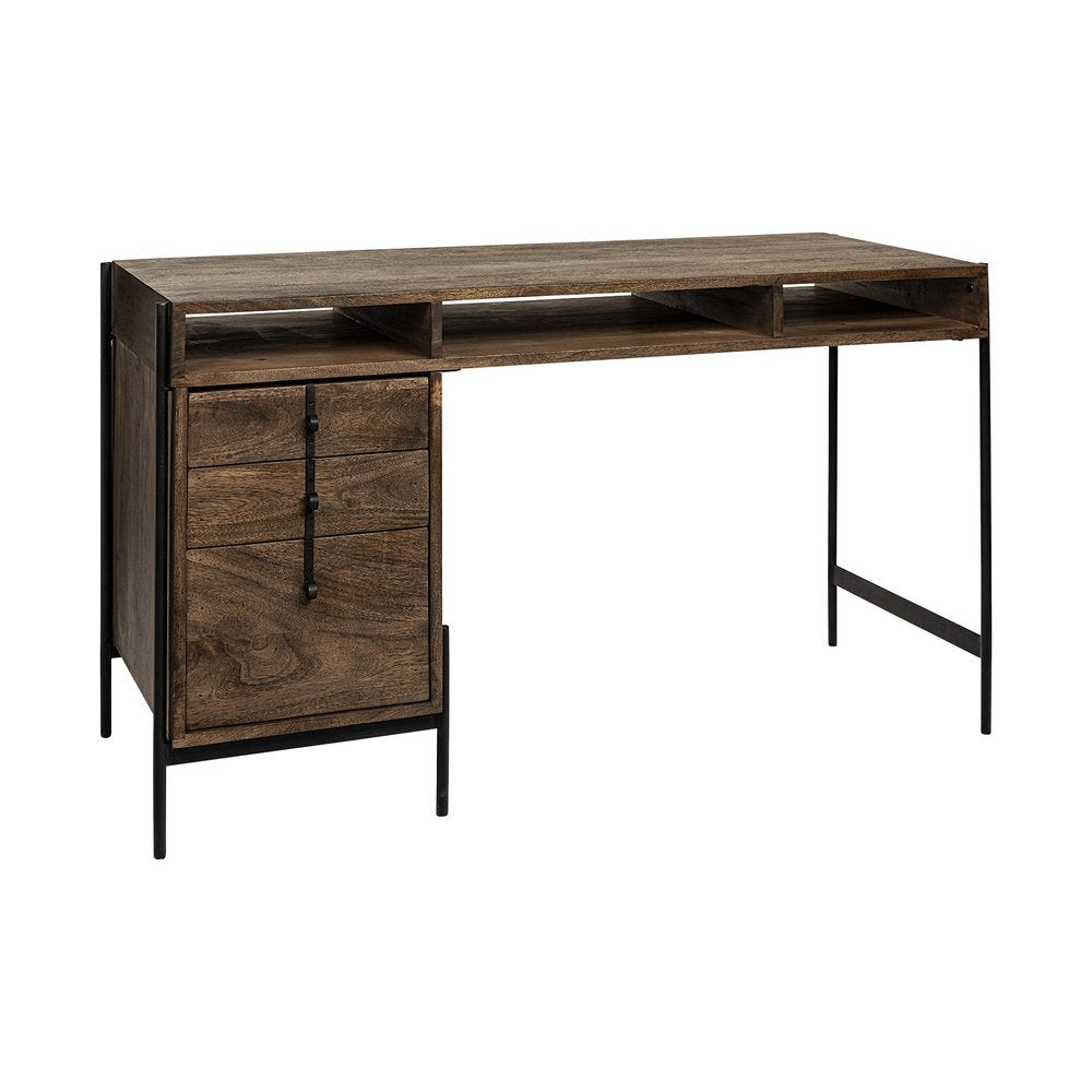 56" Medium Brown Wooden Writing Desk With 3 Drawers And 3 Open Shelves HomeRoots