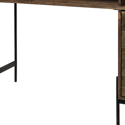 56" Medium Brown Wooden Writing Desk With 3 Drawers And 3 Open Shelves HomeRoots