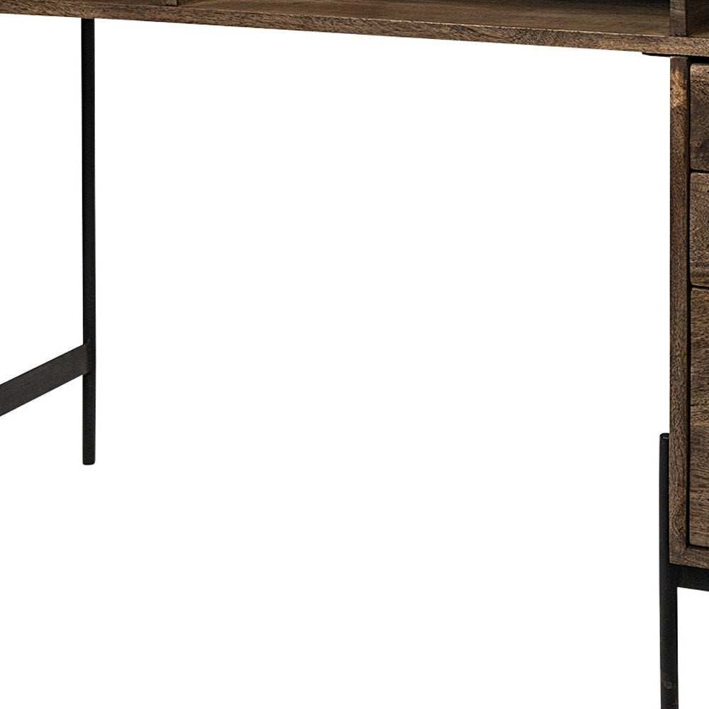 56" Medium Brown Wooden Writing Desk With 3 Drawers And 3 Open Shelves — view 10