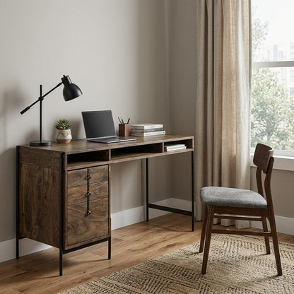 56" Medium Brown Wooden Writing Desk With 3 Drawers And 3 Open Shelves HomeRoots