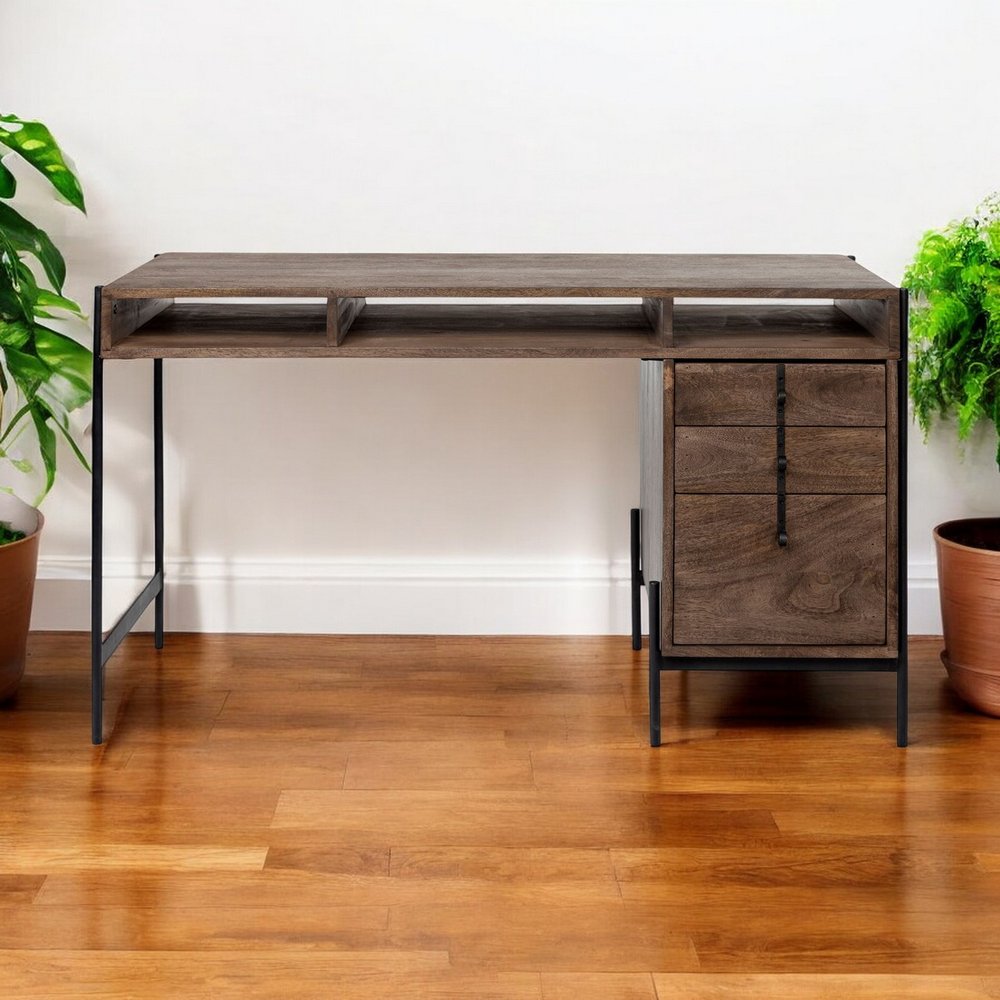 56" Medium Brown Wooden Writing Desk With 3 Drawers And 3 Open Shelves HomeRoots