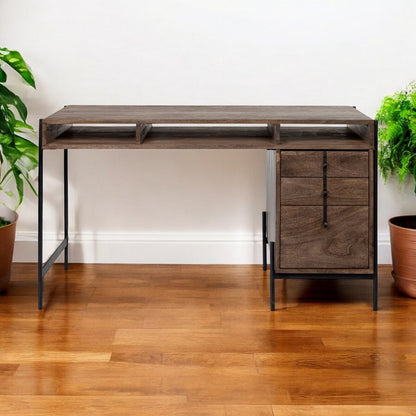 56" Medium Brown Wooden Writing Desk With 3 Drawers And 3 Open Shelves HomeRoots