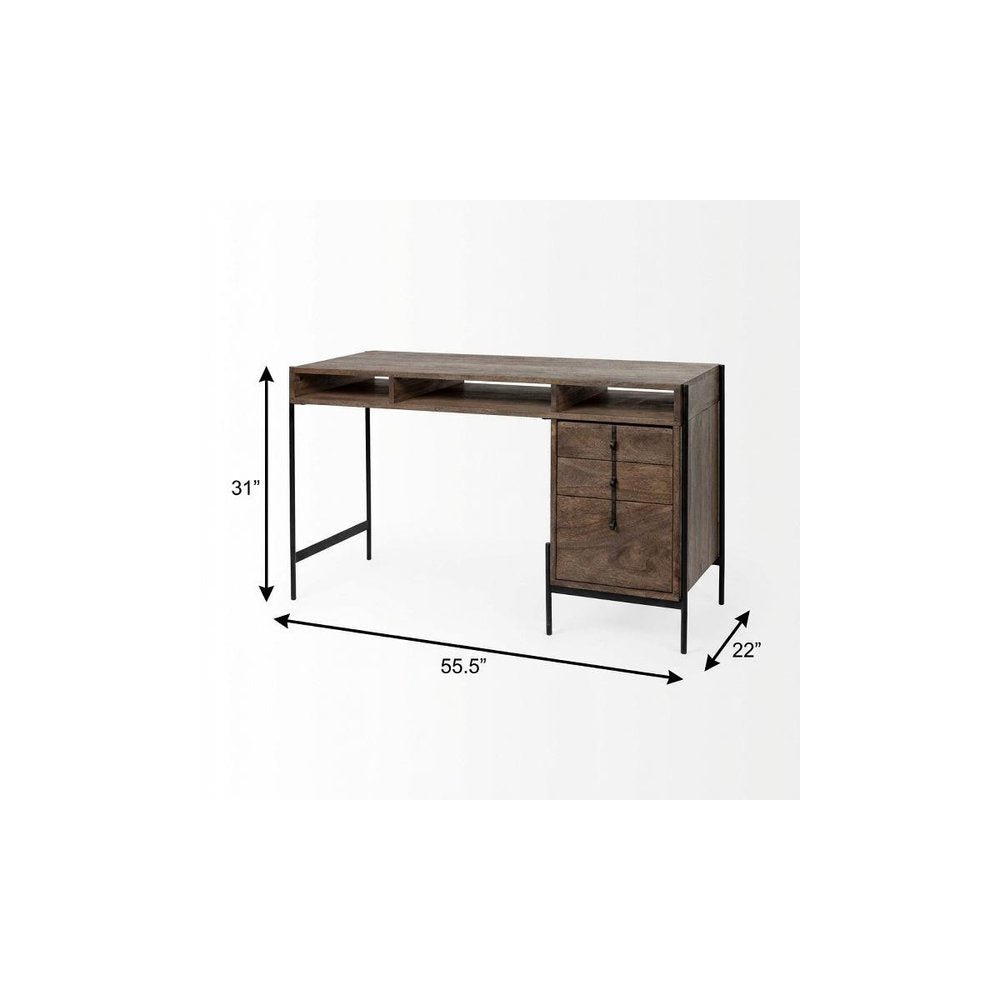 56" Medium Brown Wooden Writing Desk With 3 Drawers And 3 Open Shelves HomeRoots