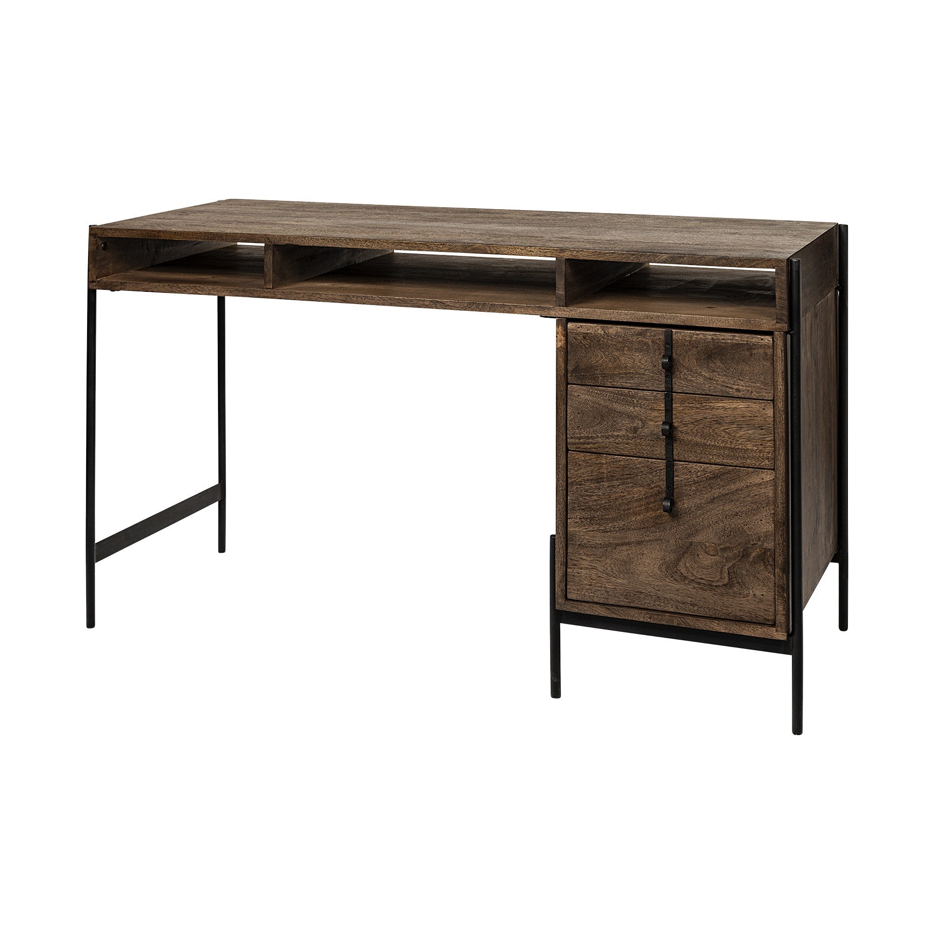 56" Medium Brown Wooden Writing Desk With 3 Drawers And 3 Open Shelves HomeRoots