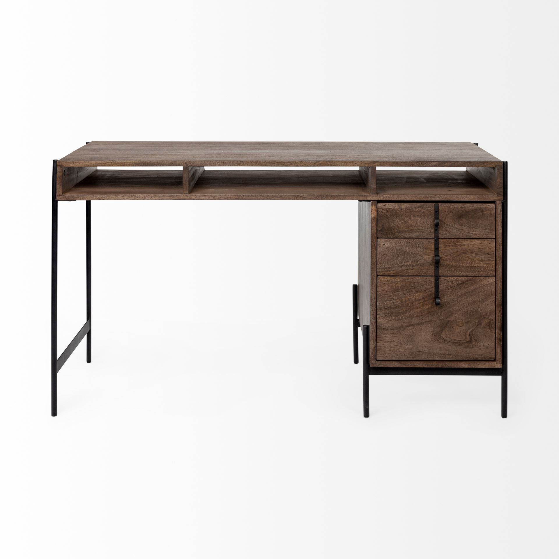 56" Medium Brown Wooden Writing Desk With 3 Drawers And 3 Open Shelves HomeRoots