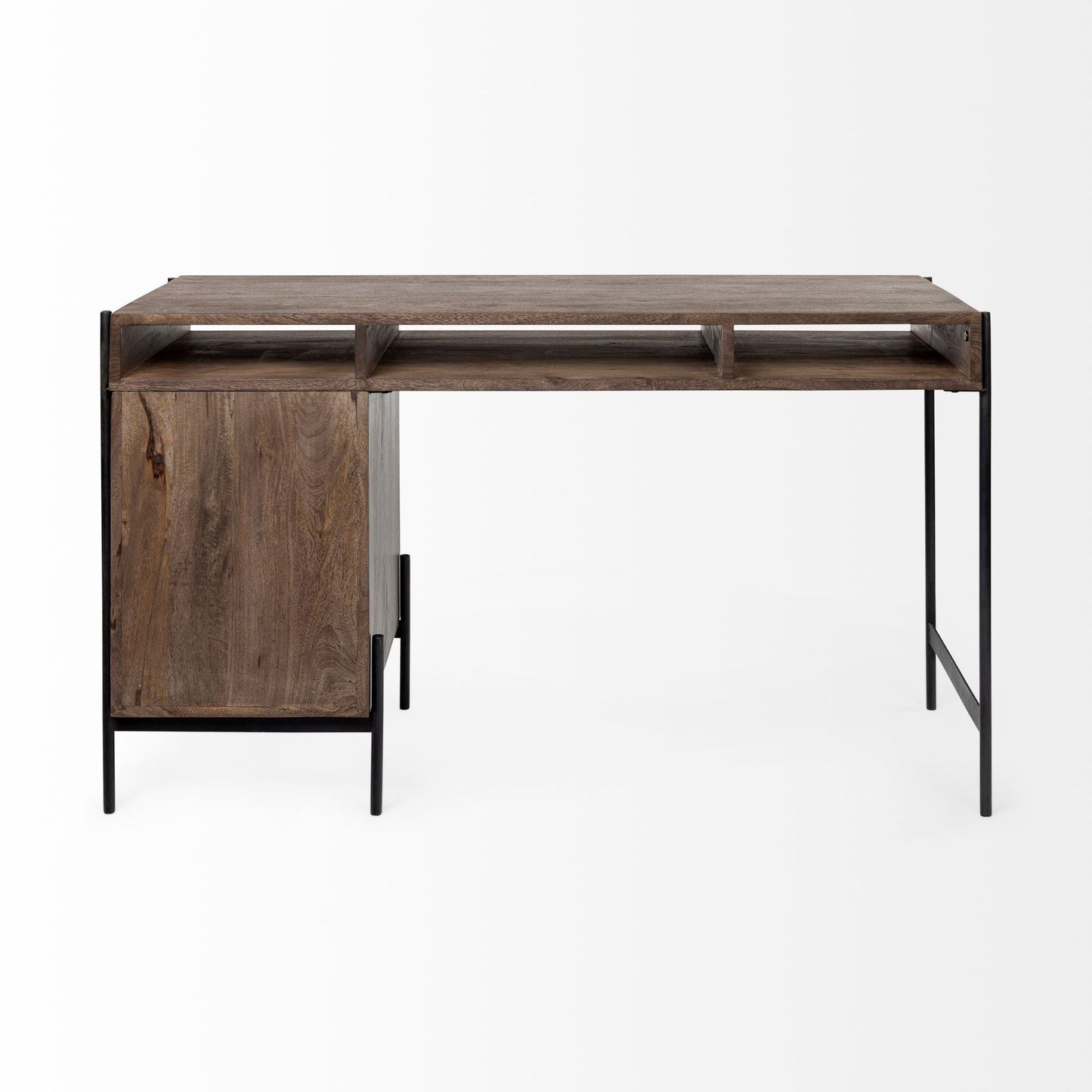 56" Medium Brown Wooden Writing Desk With 3 Drawers And 3 Open Shelves HomeRoots