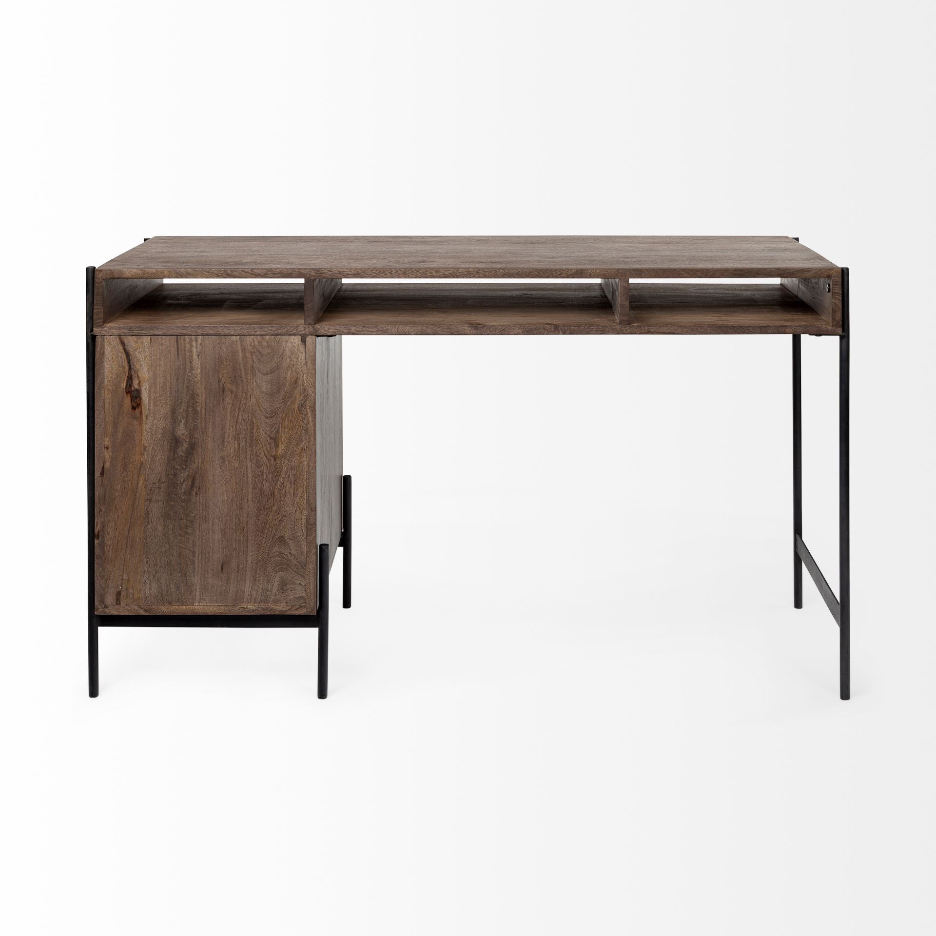 56" Medium Brown Wooden Writing Desk With 3 Drawers And 3 Open Shelves HomeRoots
