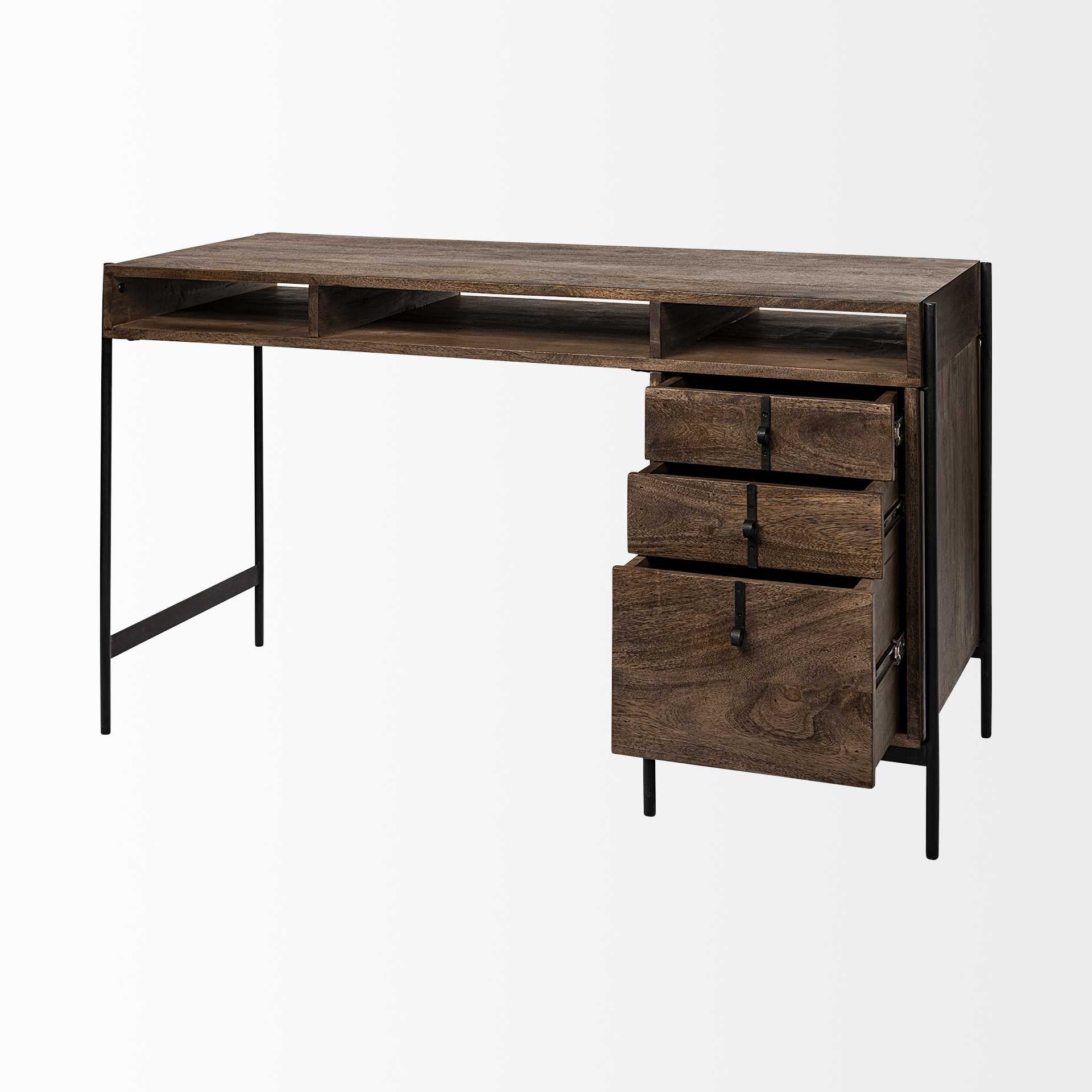 56" Medium Brown Wooden Writing Desk With 3 Drawers And 3 Open Shelves HomeRoots