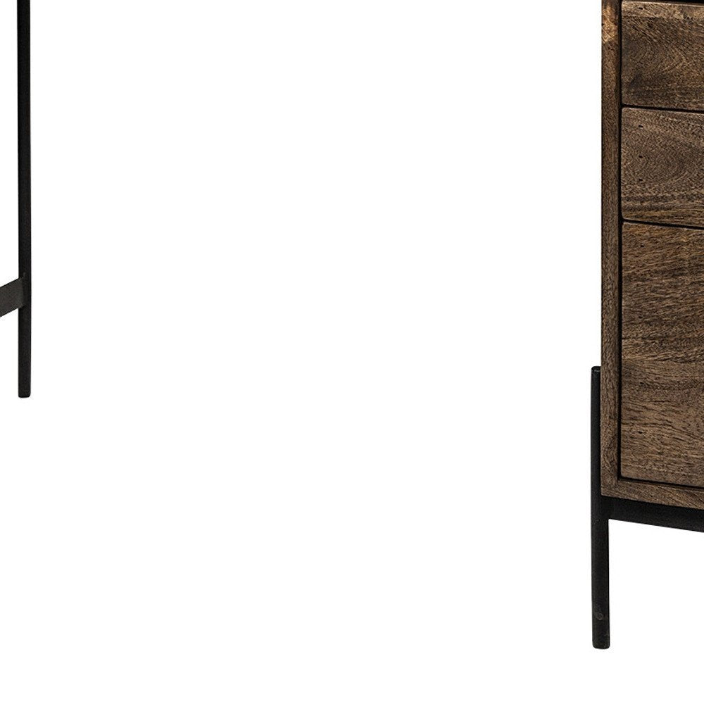 56" Medium Brown Wooden Writing Desk With 3 Drawers And 3 Open Shelves — view 6
