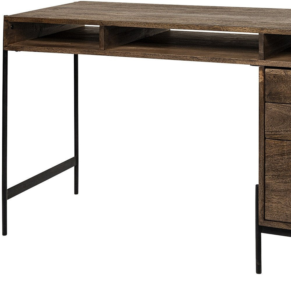 56" Medium Brown Wooden Writing Desk With 3 Drawers And 3 Open Shelves HomeRoots