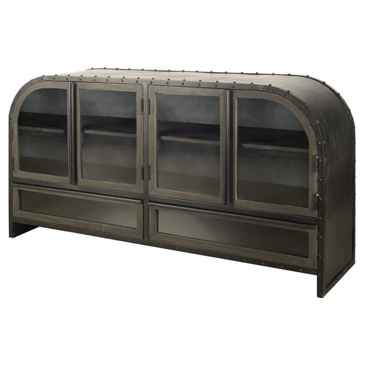 62" Dark Brown Iron Two Drawer Sideboard with Four Glass Doors HomeRoots