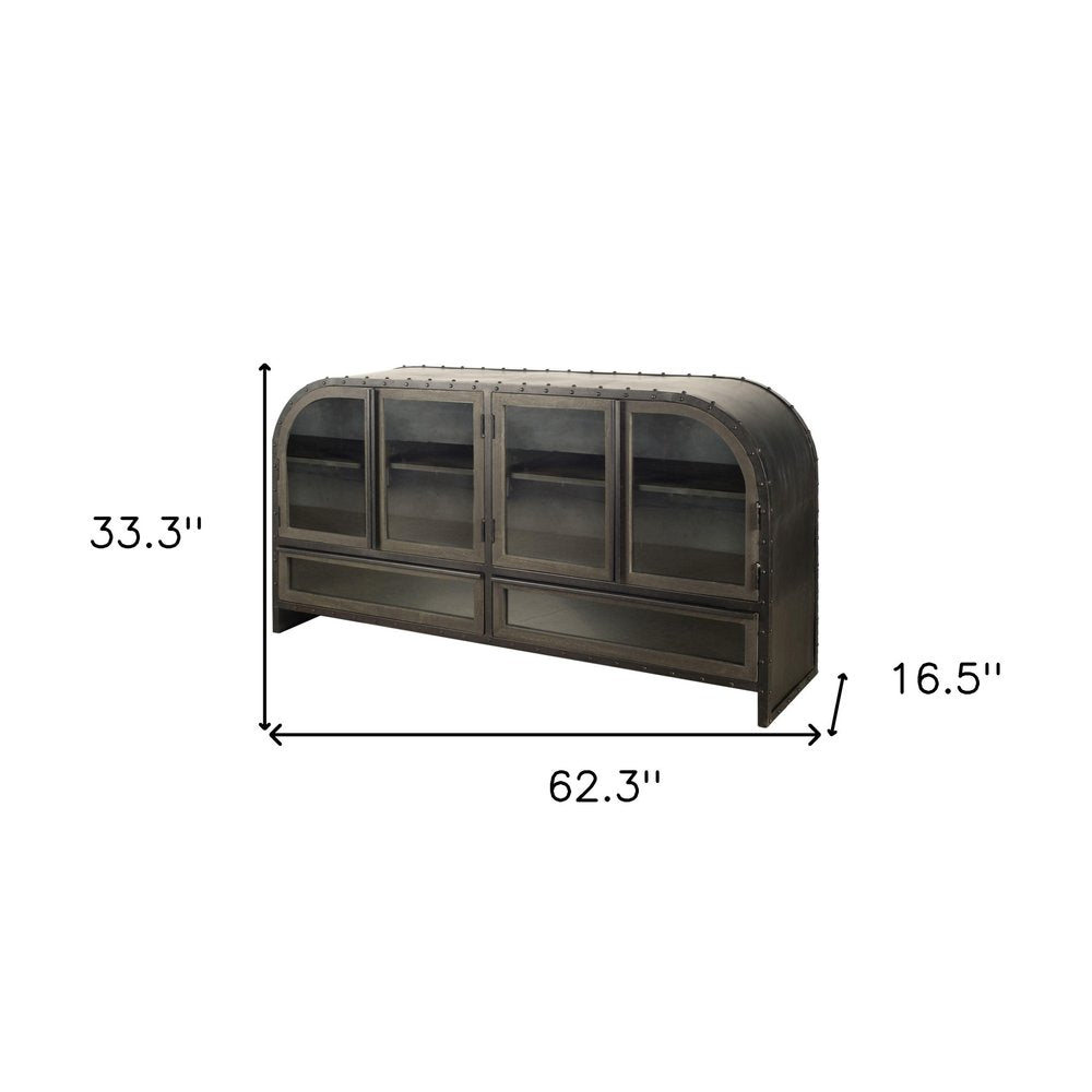 62" Dark Brown Iron Two Drawer Sideboard with Four Glass Doors — view 5
