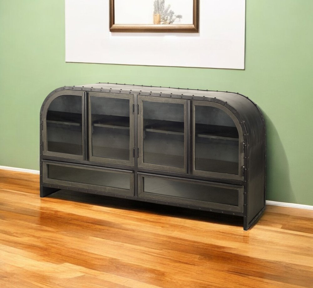 62" Dark Brown Iron Two Drawer Sideboard with Four Glass Doors HomeRoots