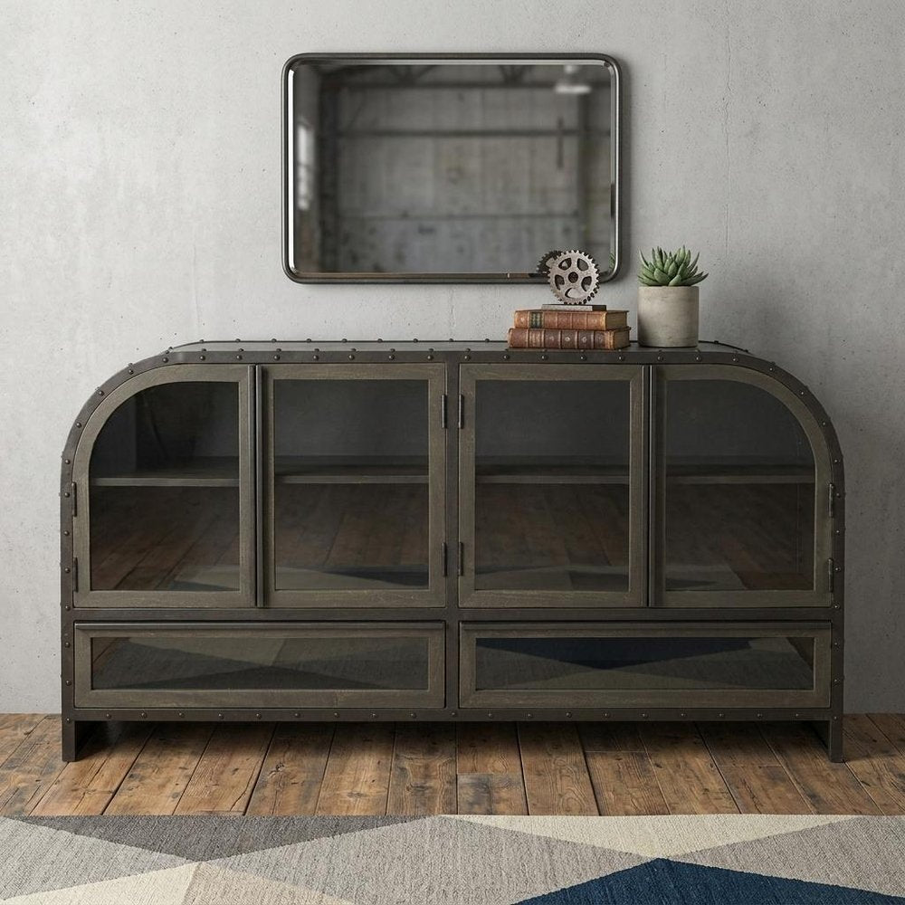 62" Dark Brown Iron Two Drawer Sideboard with Four Glass Doors HomeRoots