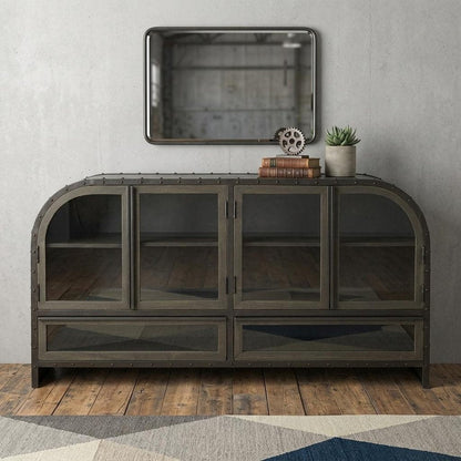 62" Dark Brown Iron Two Drawer Sideboard with Four Glass Doors HomeRoots