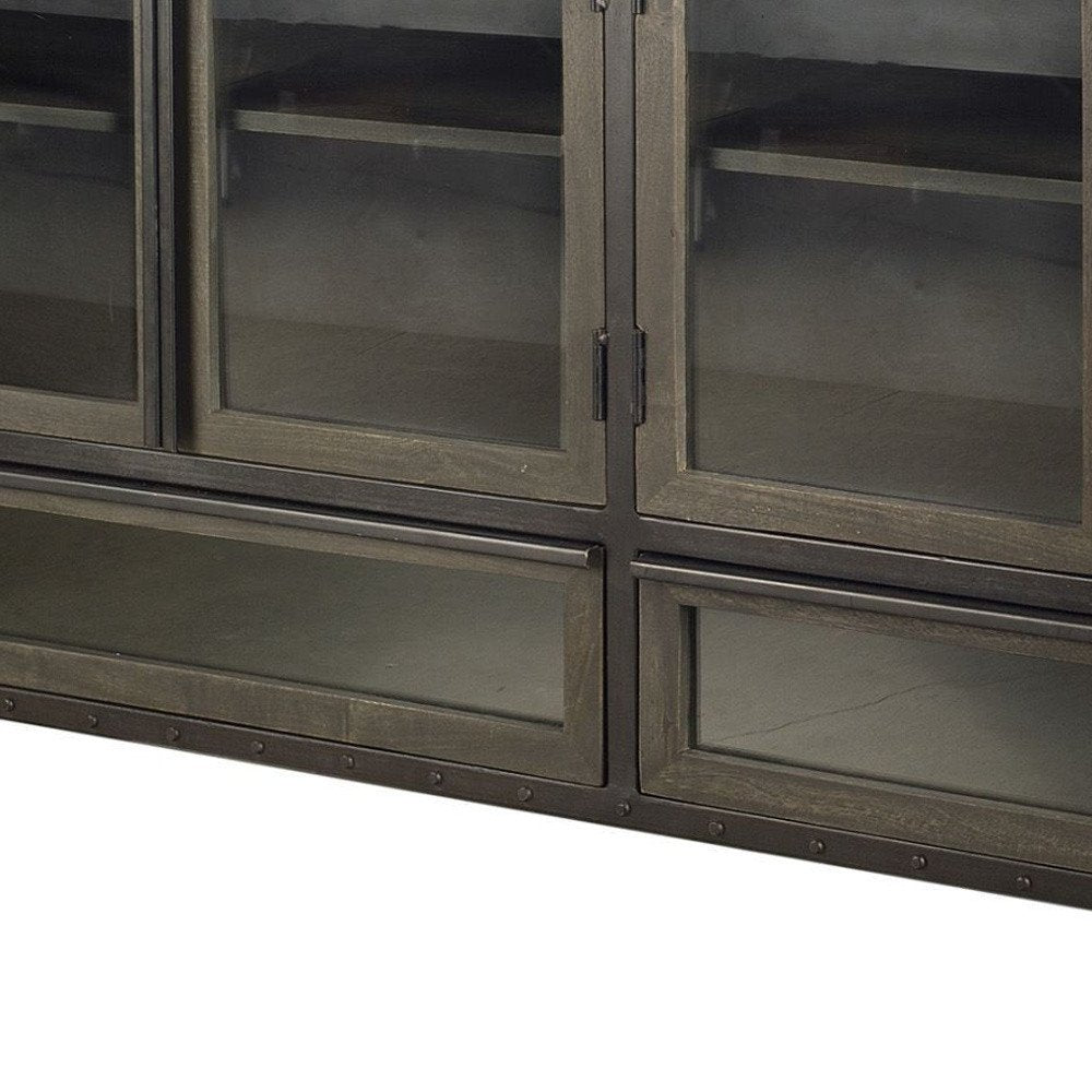 62" Dark Brown Iron Two Drawer Sideboard with Four Glass Doors HomeRoots