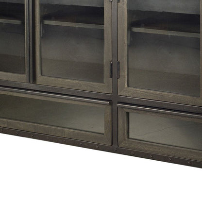 62" Dark Brown Iron Two Drawer Sideboard with Four Glass Doors HomeRoots