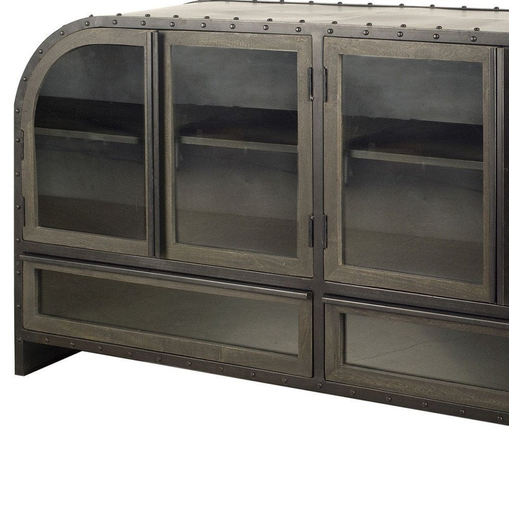 62" Dark Brown Iron Two Drawer Sideboard with Four Glass Doors HomeRoots