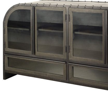 62" Dark Brown Iron Two Drawer Sideboard with Four Glass Doors HomeRoots