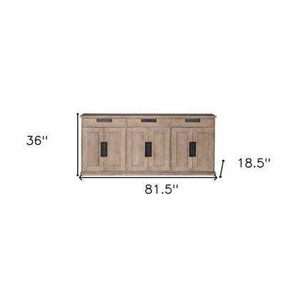 82" Brown Solid Wood Three Drawer Sideboard with Six Doors