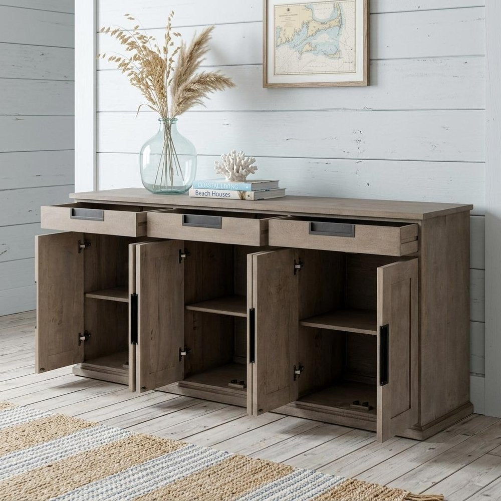 82" Brown Solid Wood Three Drawer Sideboard with Six Doors HomeRoots