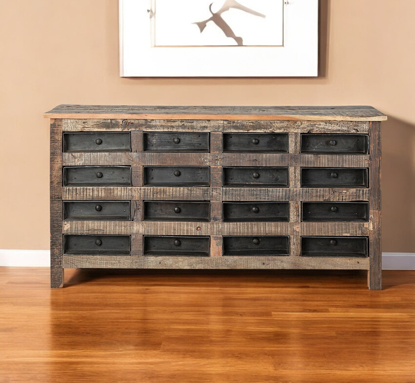 63" Brown and Black Solid Wood 16 Drawer Sideboard