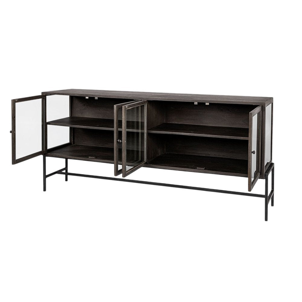 70" Black Solid Wood Sideboard with Four Glass Doors HomeRoots