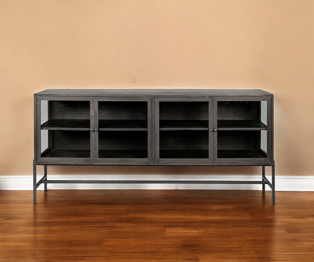 70" Black Solid Wood Sideboard with Four Glass Doors HomeRoots