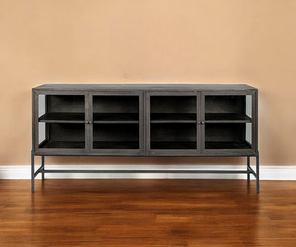70" Black Solid Wood Sideboard with Four Glass Doors HomeRoots