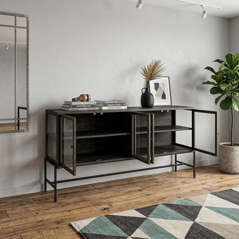 70" Black Solid Wood Sideboard with Four Glass Doors HomeRoots
