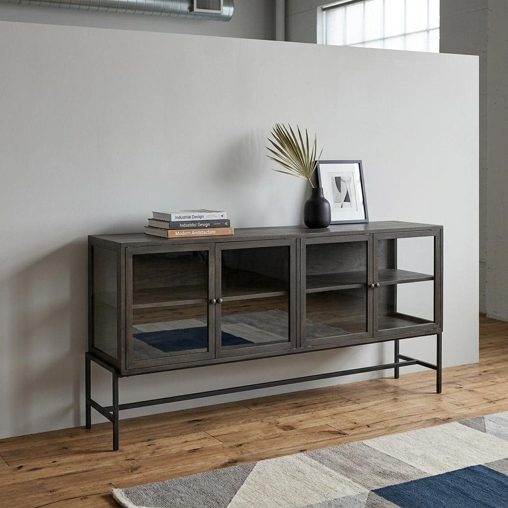 70" Black Solid Wood Sideboard with Four Glass Doors HomeRoots
