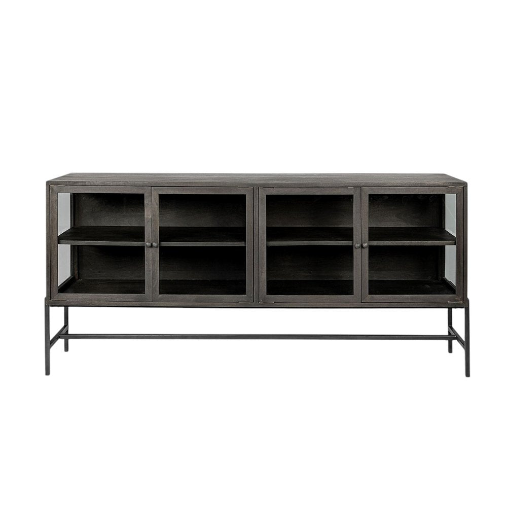 70" Black Solid Wood Sideboard with Four Glass Doors HomeRoots
