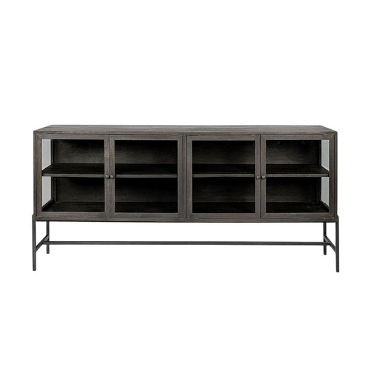 70" Black Solid Wood Sideboard with Four Glass Doors HomeRoots