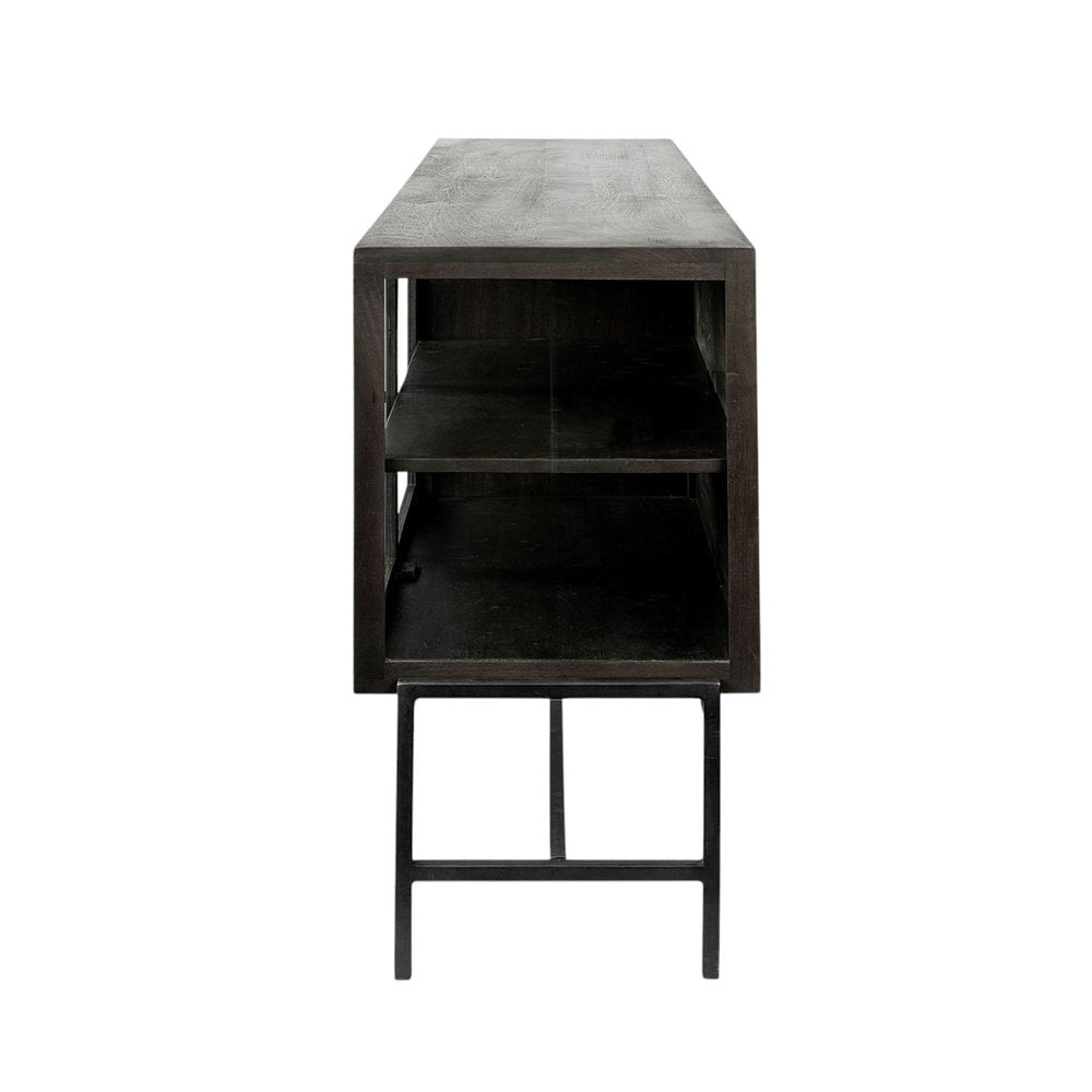 70" Black Solid Wood Sideboard with Four Glass Doors HomeRoots