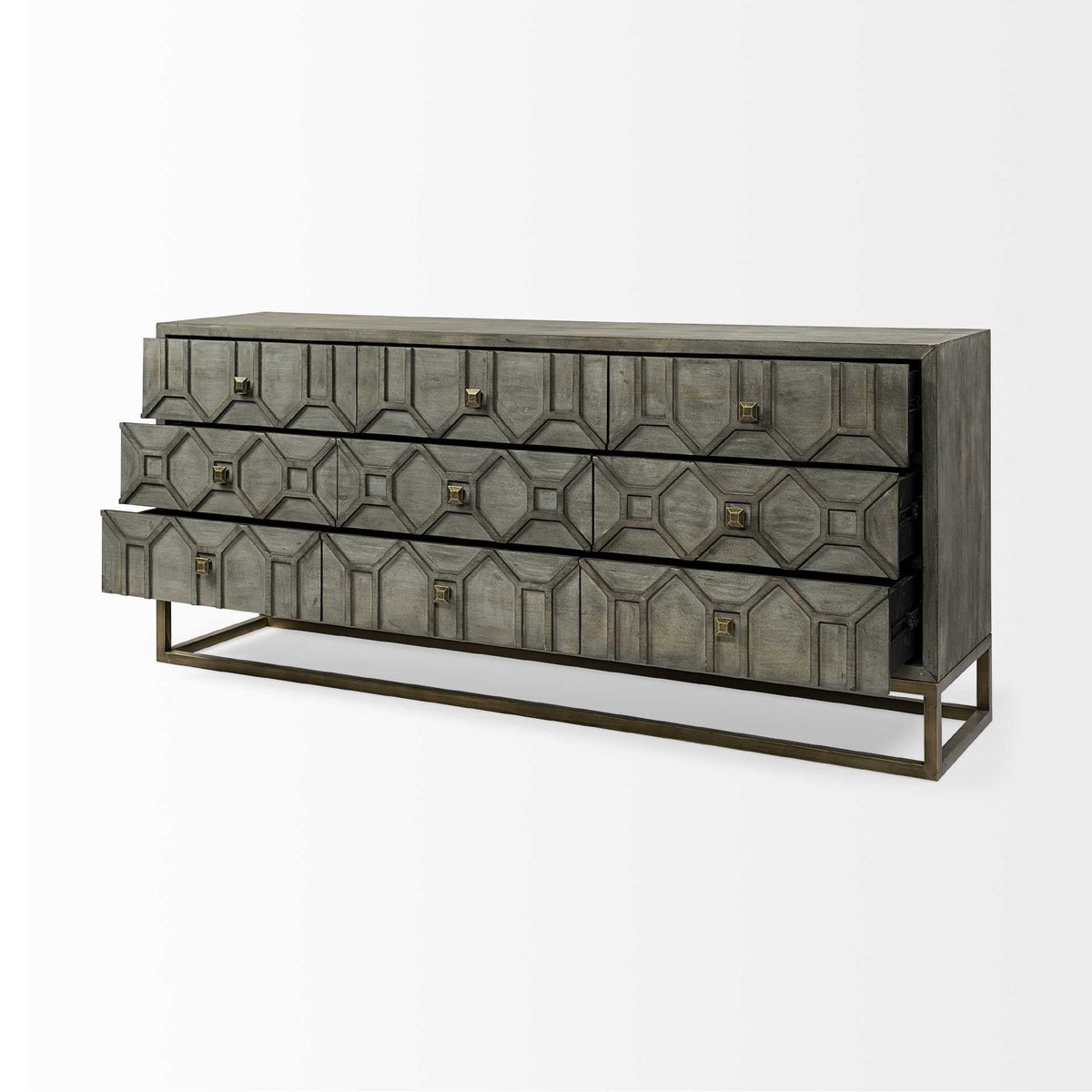 16" Brown And Antiqued Gold Solid Wood Nine Drawer Sideboard — view 5