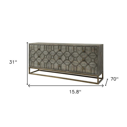 16" Brown And Antiqued Gold Solid Wood Nine Drawer Sideboard