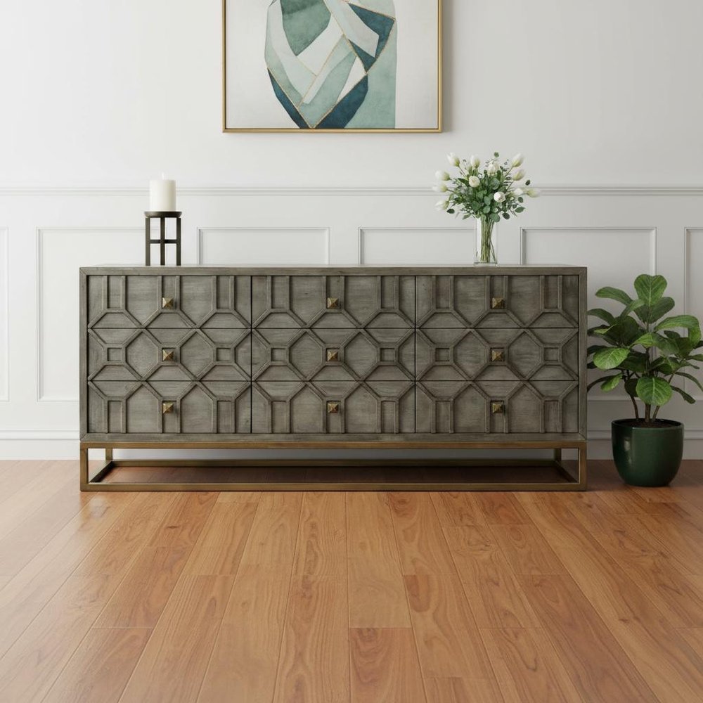 16" Brown And Antiqued Gold Solid Wood Nine Drawer Sideboard — view 9