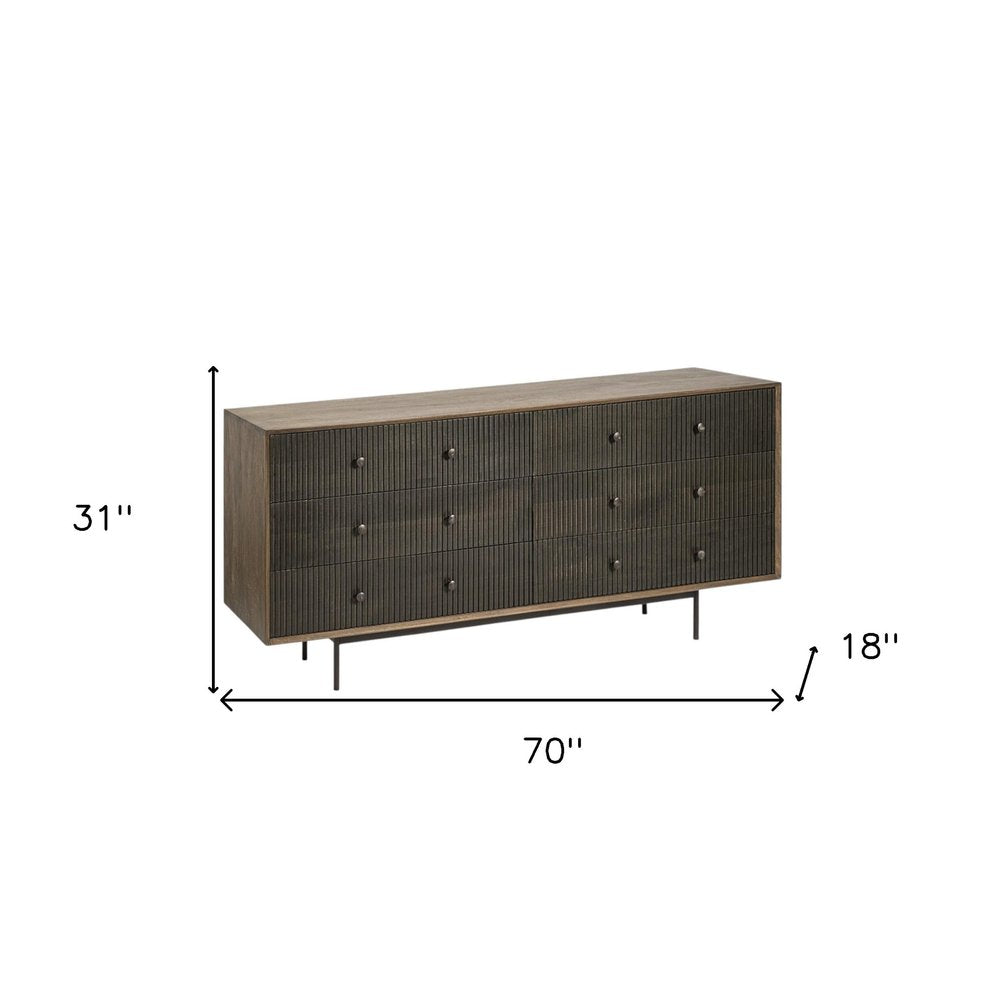 70" Brown and Black Solid Wood Six Drawer Sideboard HomeRoots