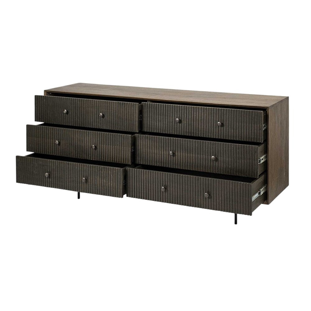 70" Brown and Black Solid Wood Six Drawer Sideboard HomeRoots