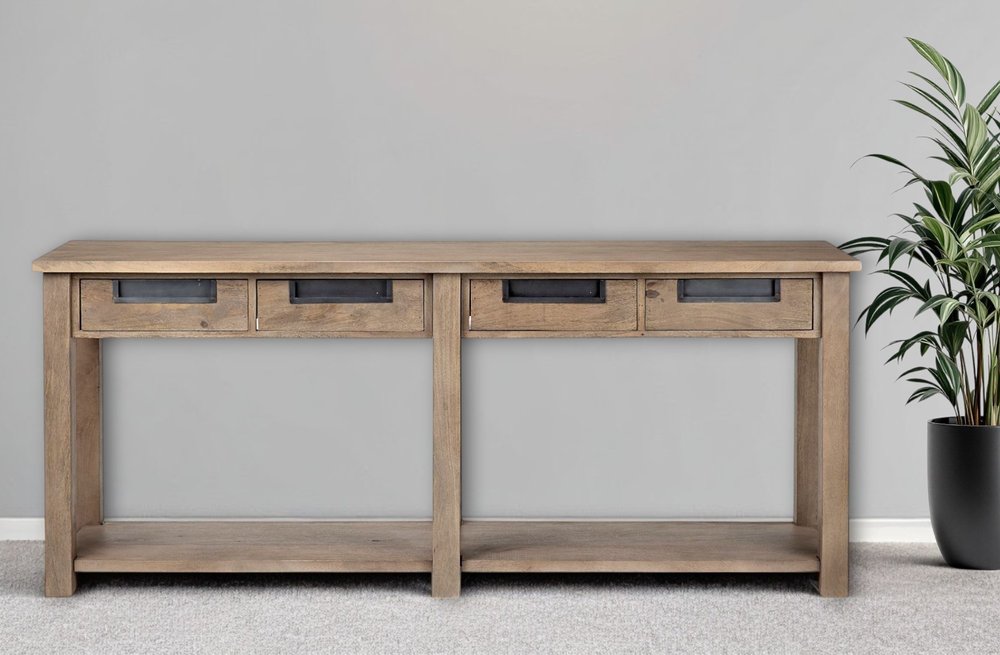 72" Brown Solid Wood Floor Shelf Console Table And Drawers HomeRoots